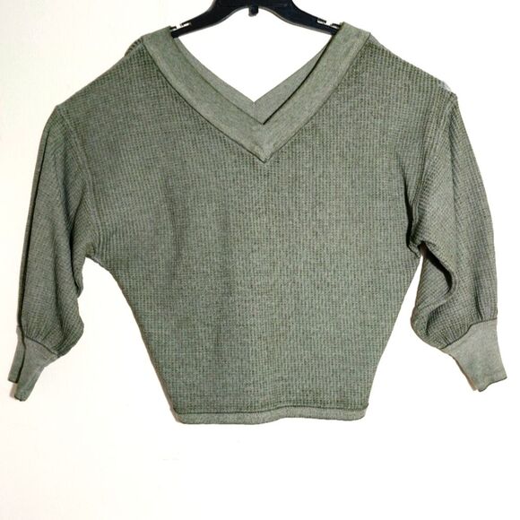 Seven7 Women's Oversized Drop-Shoulder Waffle Cotton  Top Heathered Grey-Olive - Picture 1 of 10